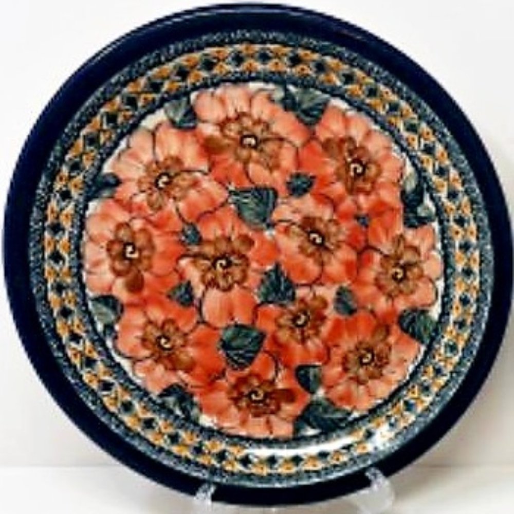 POLISH POTTERY UNIKAT 9.5" Dinner Plate PEACH POPPIES